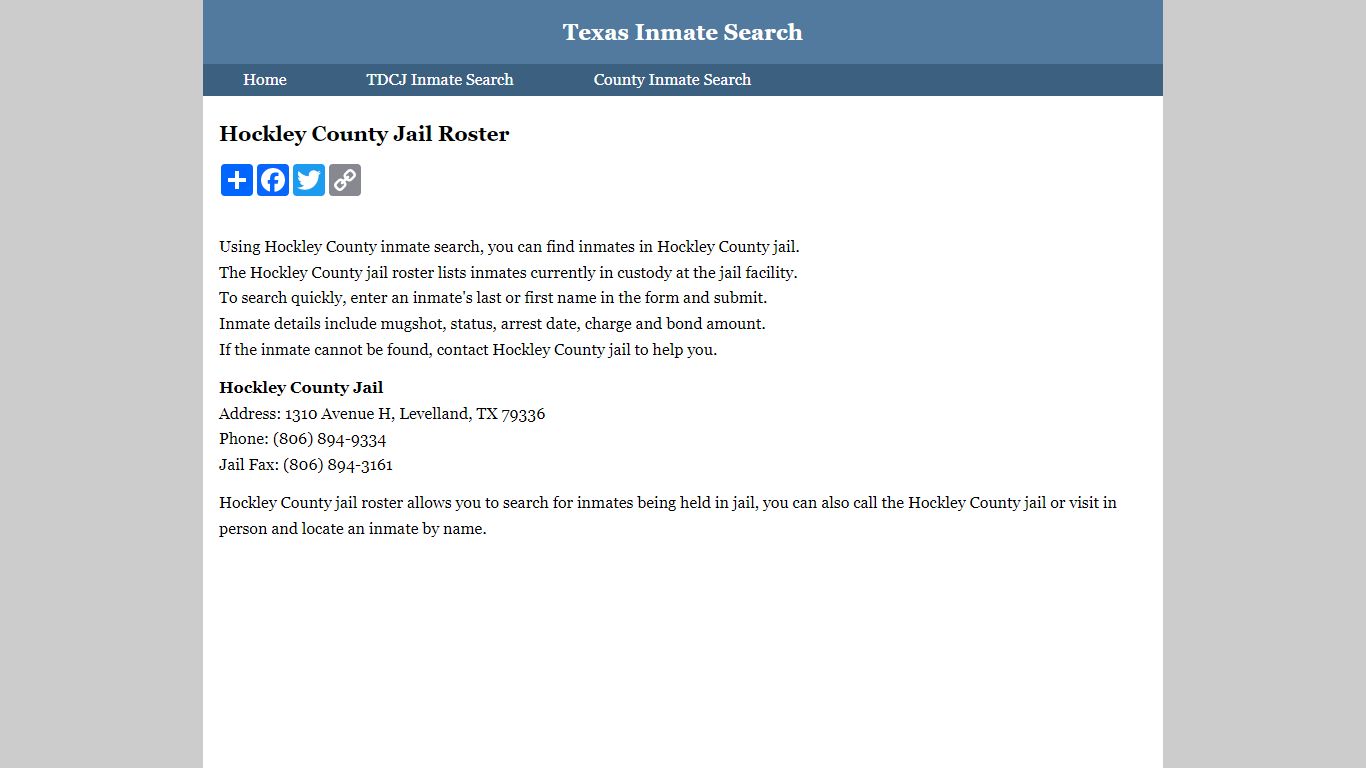 Hockley County Jail Roster - Texas Inmate Search